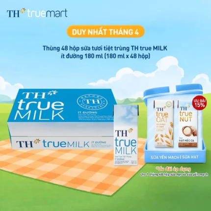 Thùng 48 hộp sữa tươi tiệt trùng TH true MILK ít đường 180 ml (180 ml x 48)