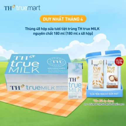 Thùng 48 hộp sữa tươi tiệt trùng TH true MILK nguyên chất 180 ml (180 ml x 48)